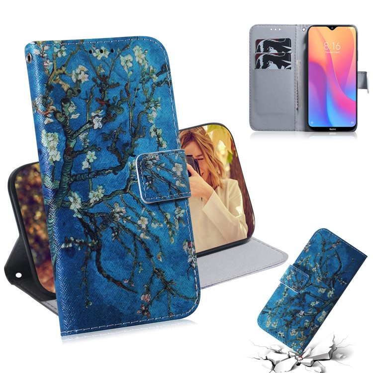 Pattern Printing Leather Wallet Case for Xiaomi Redmi 8A - Tree with Flowers-1