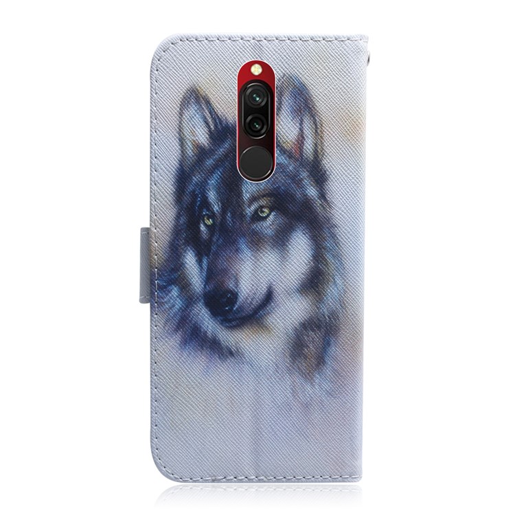 Impresión de Patrones PU Cuero de Cuero Estuche Para Xiaomi Redmi 8 - Lobo Blanco y Negro