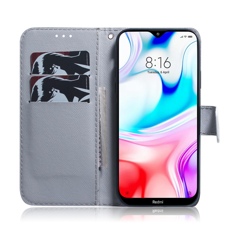 Pattern Printing PU Leather Wallet Stand Case for Xiaomi Redmi 8 - Black and White Wolf-8