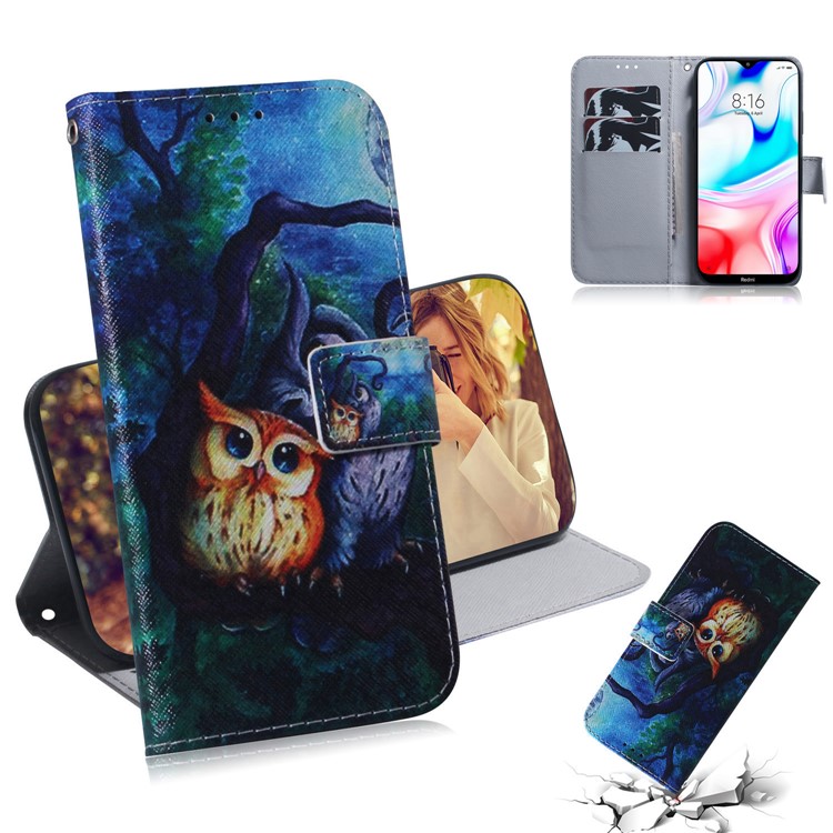 Pattern Printing PU Leather Wallet Stand Case for Xiaomi Redmi 8 - Owl-1