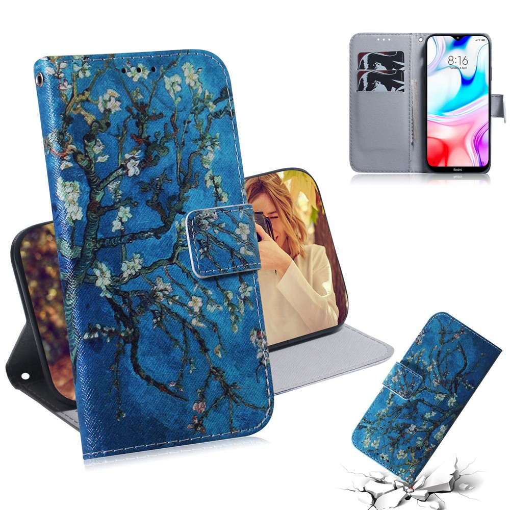 Pattern Printing PU Leather Wallet Stand Case for Xiaomi Redmi 8 - Tree with Flowers-1