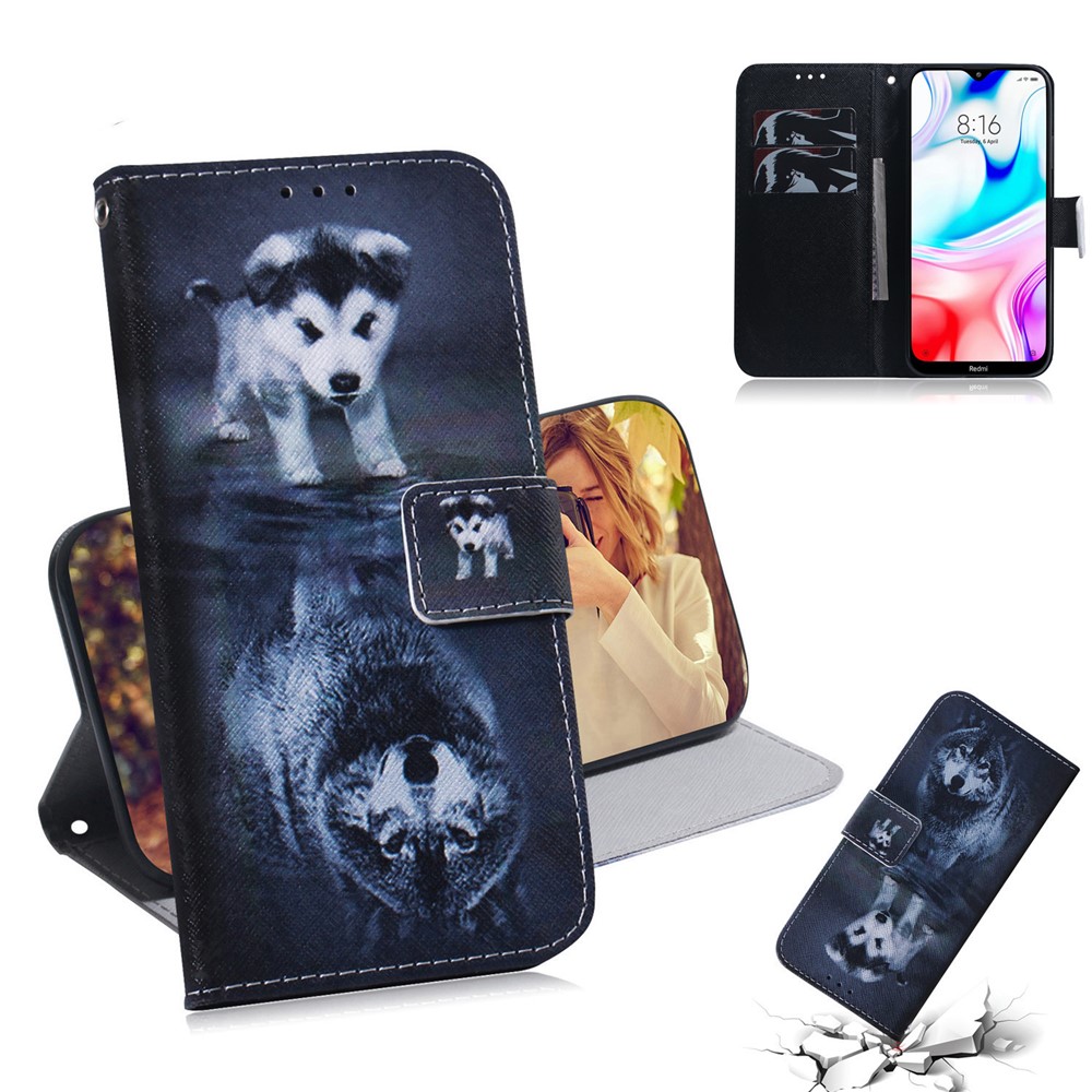 Pattern Printing PU Leather Wallet Stand Case for Xiaomi Redmi 8 - Dog and Reflection in Water-1