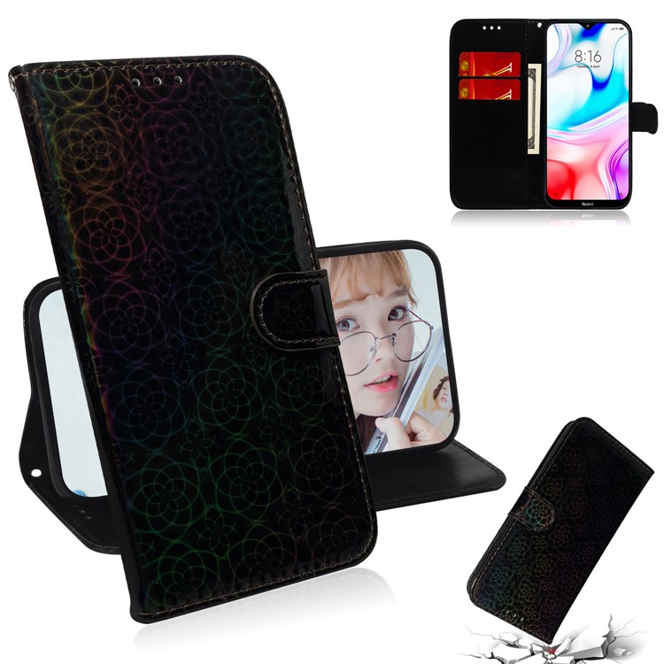 Flower Pattern Wallet Stand Flip Leather Case with Lanyard for Xiaomi Redmi 8 - Black-1