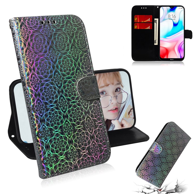 Flower Pattern Wallet Stand Flip Leather Case with Lanyard for Xiaomi Redmi 8 - Grey-1