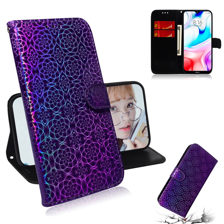 Flower Pattern Wallet Stand Flip Leather Case with Lanyard for Xiaomi Redmi 8 - Purple-1