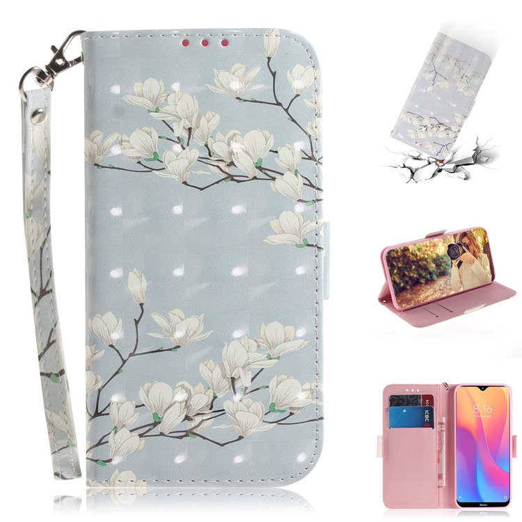 Pattern Printing Light Spot Decor Leather Stand Case with Card Slots for Xiaomi Redmi 8A - White Flowers-1