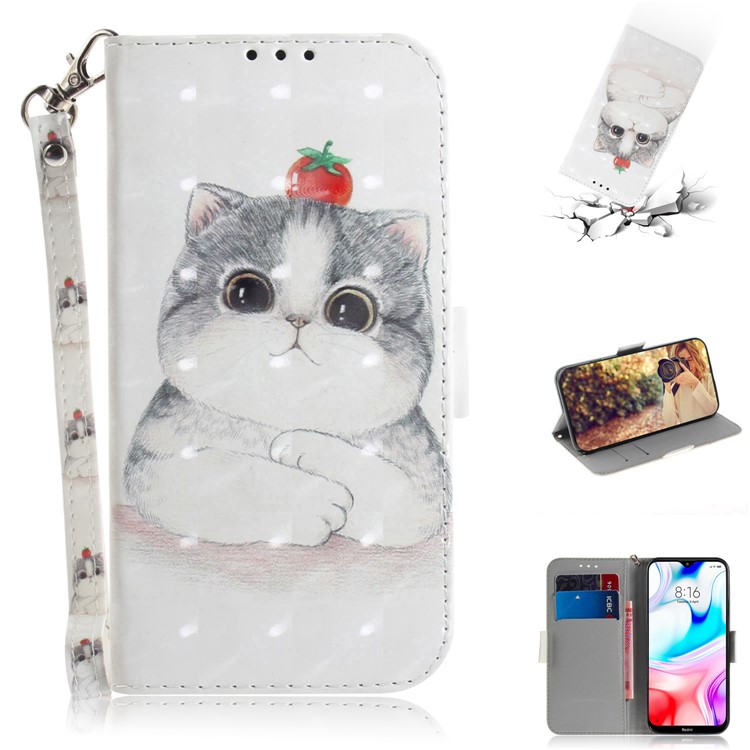 Pattern Printing Light Spot Decor Leather Wallet Shell for Xiaomi Redmi 8 - Cat Holding a Tomato-1