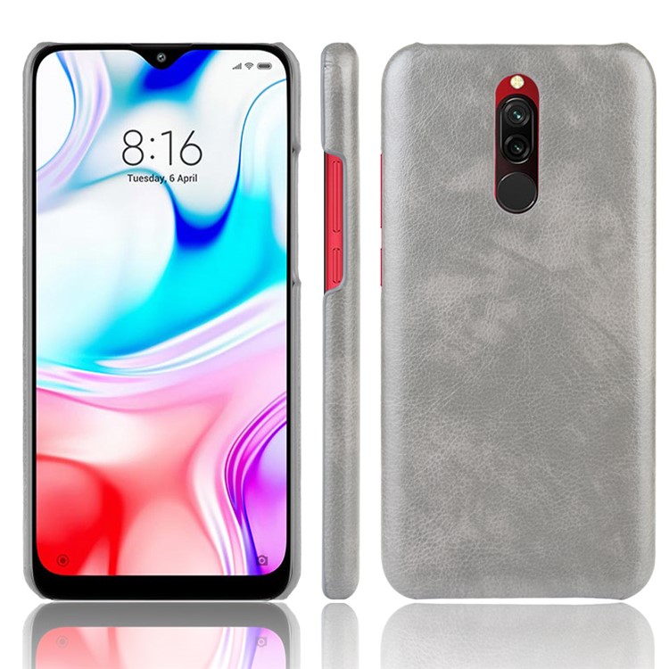 Litchi Skin Leather Coated Hard PC Cell Phone Covering Case for Xiaomi Redmi 8 - Grey-1