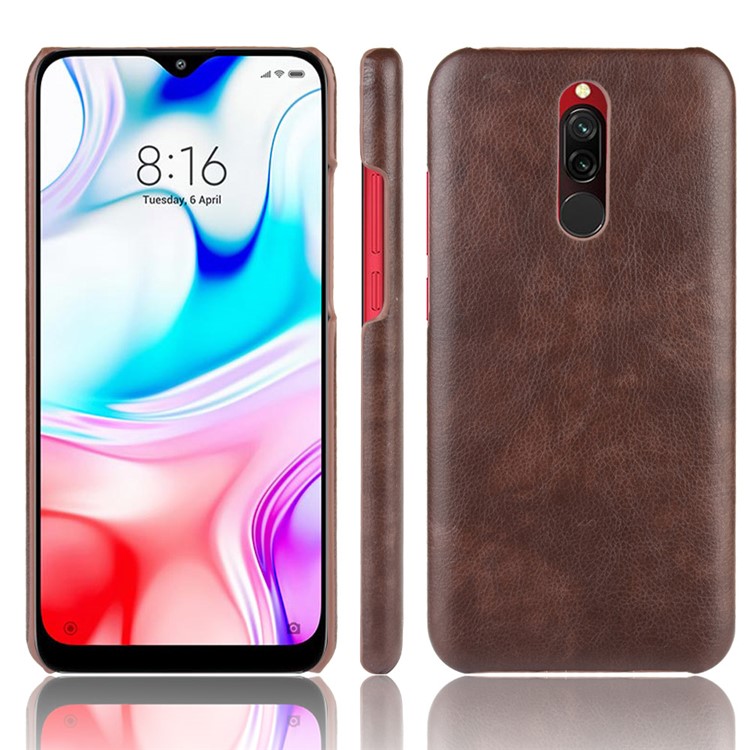 Litchi Skin Leather Coated Hard PC Cell Phone Covering Case for Xiaomi Redmi 8 - Brown-1