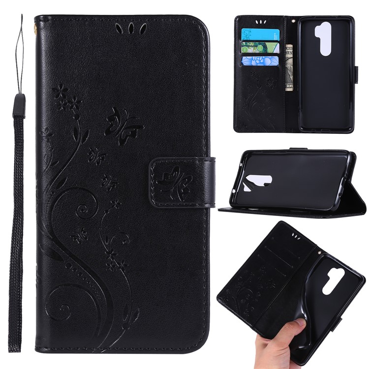 Imprint Butterfly Flower PU Leather Wallet Case for Xiaomi Redmi Note 8 Pro - Black-1