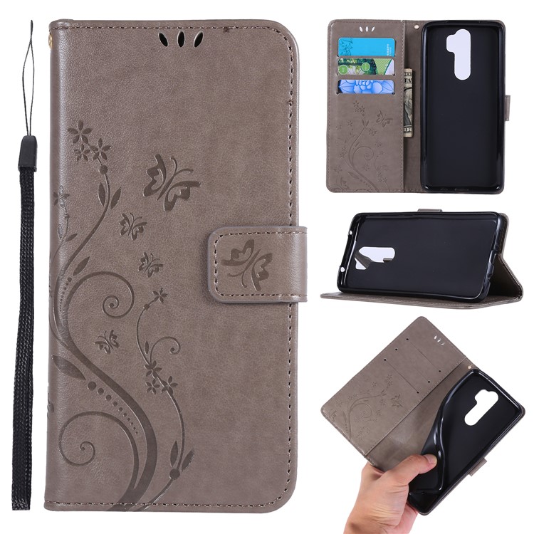 Imprint Butterfly Flower PU Leather Wallet Case for Xiaomi Redmi Note 8 Pro - Grey-1