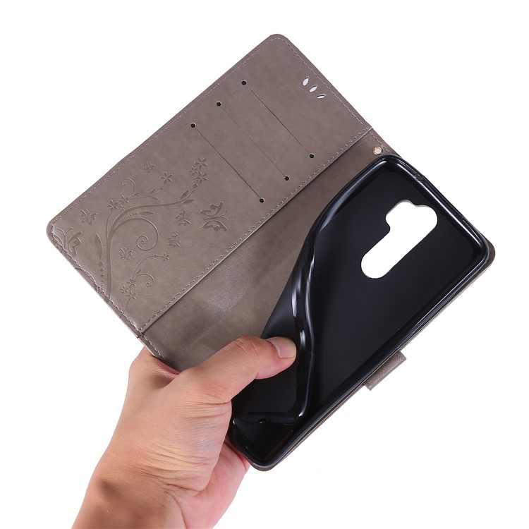Imprint Butterfly Flower PU Leather Wallet Case for Xiaomi Redmi Note 8 Pro - Grey-6
