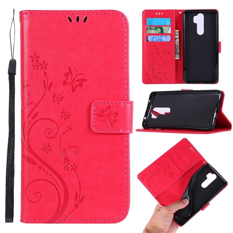 Imprint Butterfly Flower PU Leather Wallet Case for Xiaomi Redmi Note 8 Pro - Red-1