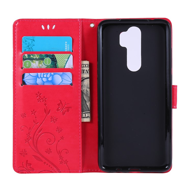 Imprint Butterfly Flower PU Leather Wallet Case for Xiaomi Redmi Note 8 Pro - Red-5
