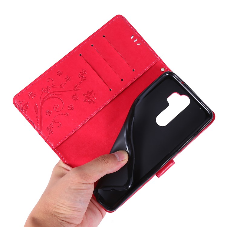 Imprint Butterfly Flower PU Leather Wallet Case for Xiaomi Redmi Note 8 Pro - Red-6