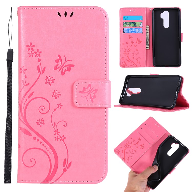 Imprint Butterfly Flower PU Leather Wallet Case for Xiaomi Redmi Note 8 Pro - Pink-1