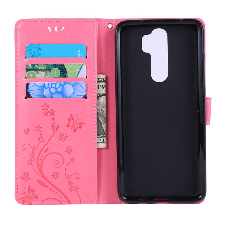 Imprint Butterfly Flower PU Leather Wallet Case for Xiaomi Redmi Note 8 Pro - Pink-5