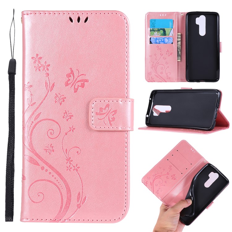 Imprint Butterfly Flower PU Leather Wallet Case for Xiaomi Redmi Note 8 Pro - Rose Gold-1