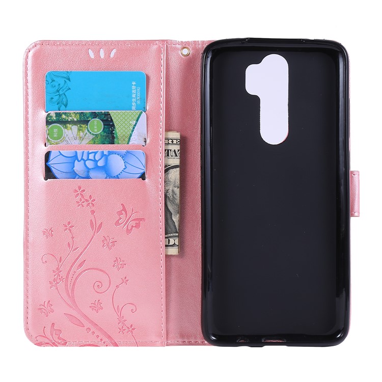Imprint Butterfly Flower PU Leather Wallet Case for Xiaomi Redmi Note 8 Pro - Rose Gold-5