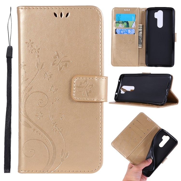 Imprint Butterfly Flower PU Leather Wallet Case for Xiaomi Redmi Note 8 Pro - Gold-1