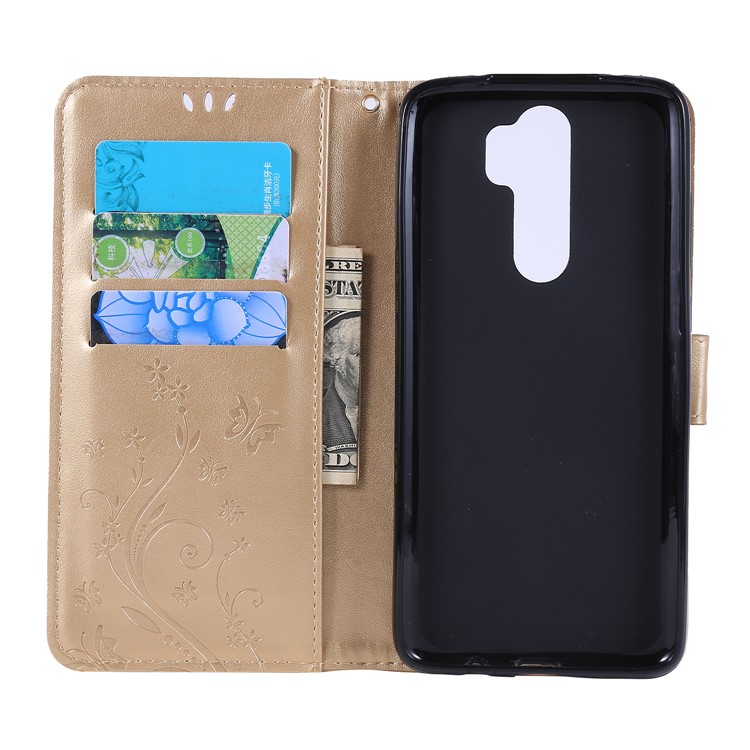 Imprint Butterfly Flower PU Leather Wallet Case for Xiaomi Redmi Note 8 Pro - Gold-5