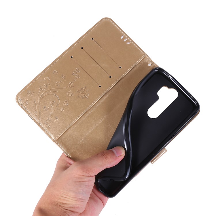 Imprint Butterfly Flower PU Leather Wallet Case for Xiaomi Redmi Note 8 Pro - Gold-6