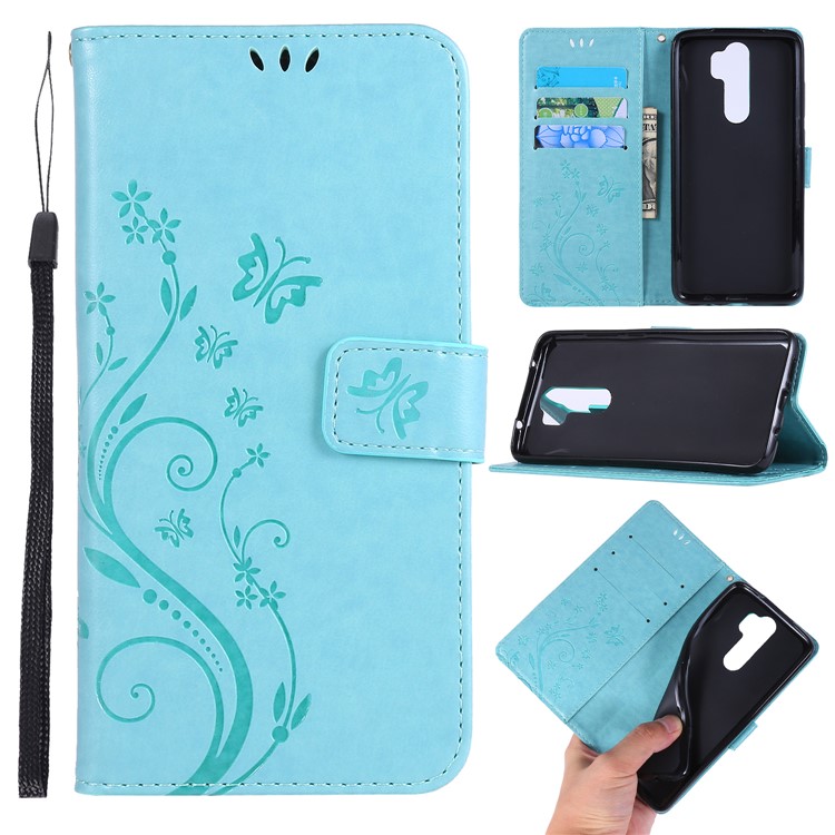 Imprint Butterfly Flower PU Leather Wallet Case for Xiaomi Redmi Note 8 Pro - Baby Blue-1