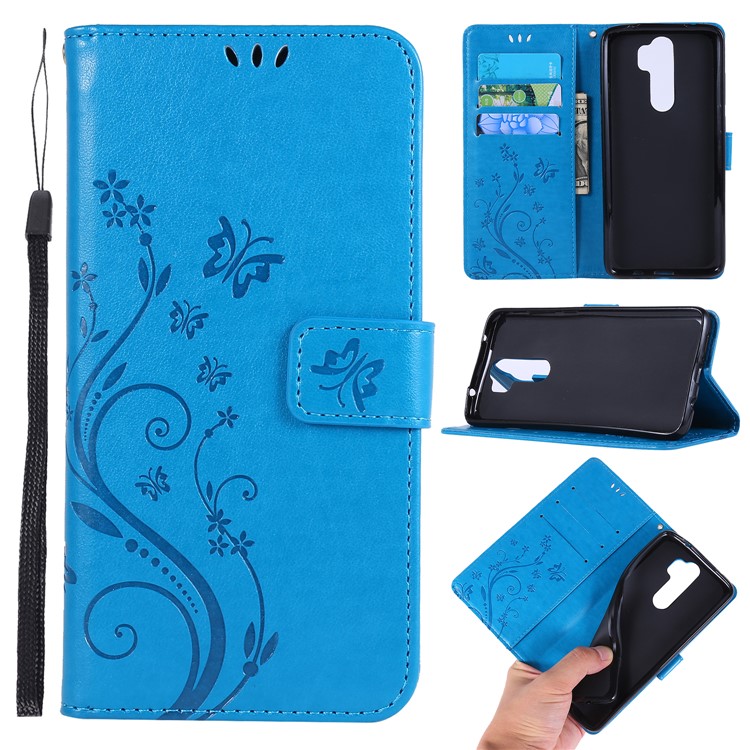 Imprint Butterfly Flower PU Leather Wallet Case for Xiaomi Redmi Note 8 Pro - Dark Blue-1