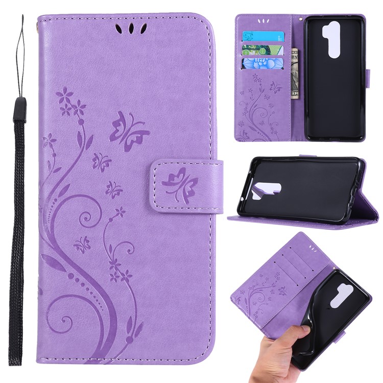 Imprint Butterfly Flower PU Leather Wallet Case for Xiaomi Redmi Note 8 Pro - Light Purple-1