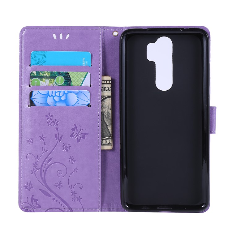 Imprint Butterfly Flower PU Leather Wallet Case for Xiaomi Redmi Note 8 Pro - Light Purple-5