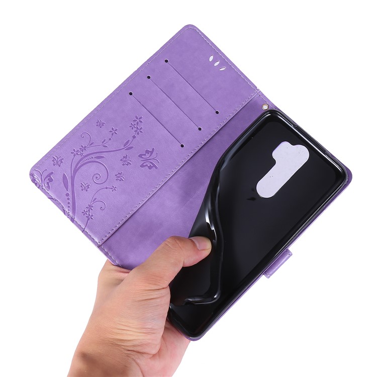 Imprint Butterfly Flower PU Leather Wallet Case for Xiaomi Redmi Note 8 Pro - Light Purple-6