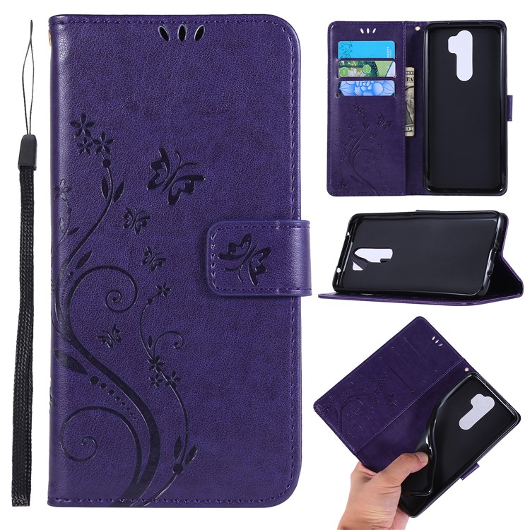 Imprint Butterfly Flower PU Leather Wallet Case for Xiaomi Redmi Note 8 Pro - Dark Purple-1
