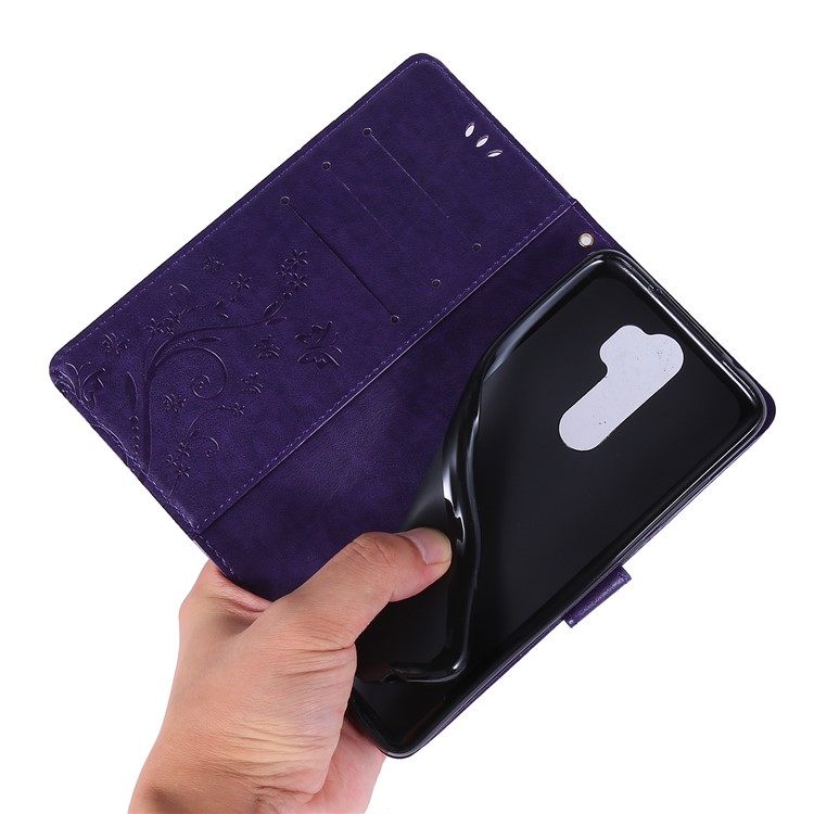 Imprint Butterfly Flower PU Leather Wallet Case for Xiaomi Redmi Note 8 Pro - Dark Purple-6