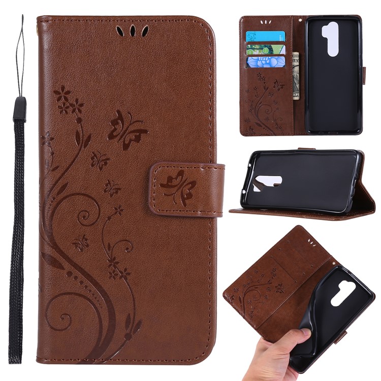Imprint Butterfly Flower PU Leather Wallet Case for Xiaomi Redmi Note 8 Pro - Brown-1