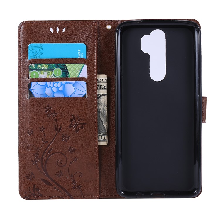 Imprint Butterfly Flower PU Leather Wallet Case for Xiaomi Redmi Note 8 Pro - Brown-5