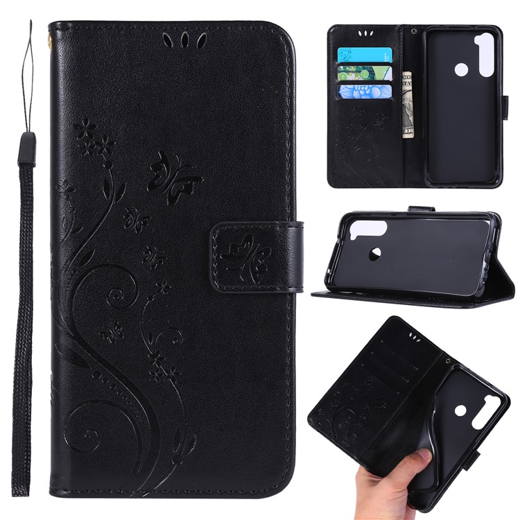 Imprint Butterfly Flower Wallet Leather Stand Case for Xiaomi Redmi Note 8 - Black-1