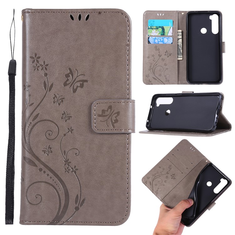 Imprint Butterfly Flower Wallet Leather Stand Case for Xiaomi Redmi Note 8 - Grey-1