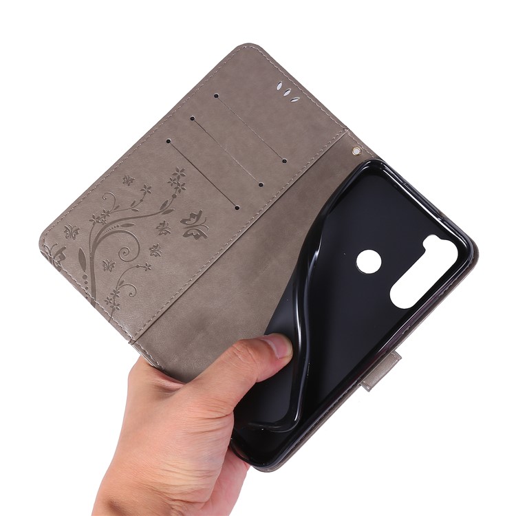 Imprint Butterfly Flower Wallet Leather Stand Case for Xiaomi Redmi Note 8 - Grey-6
