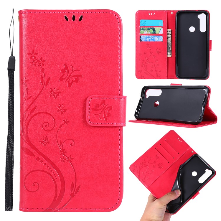 Imprint Butterfly Flower Wallet Leather Stand Case for Xiaomi Redmi Note 8 - Red-1