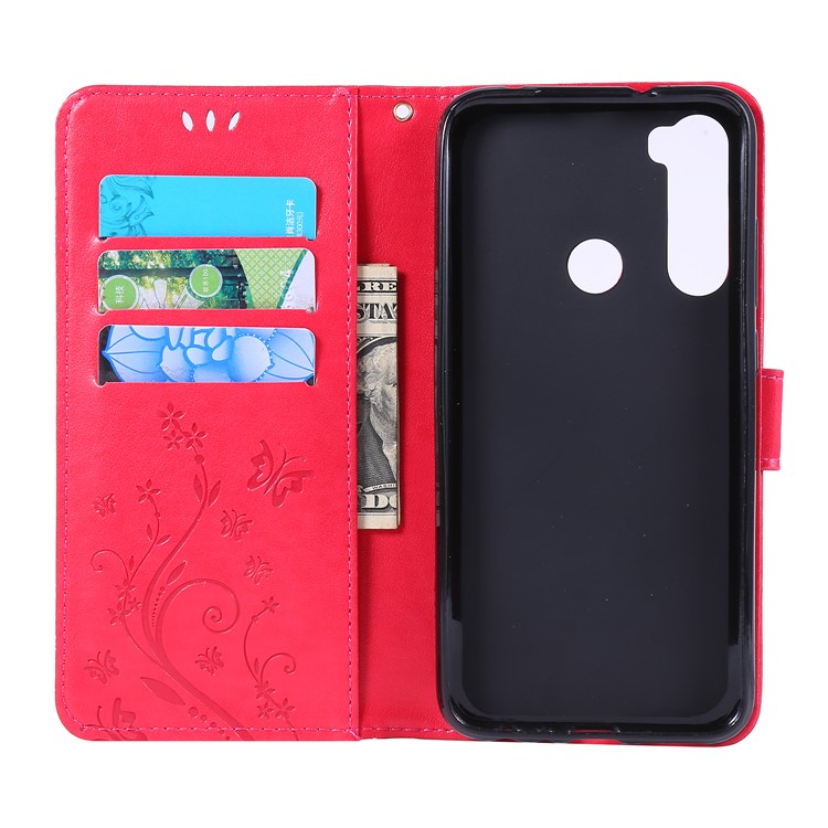 Impresión de la Billetera de Flores de Mariposa Case de Cuero Para Xiaomi Redmi Note 8 - Rojo-5