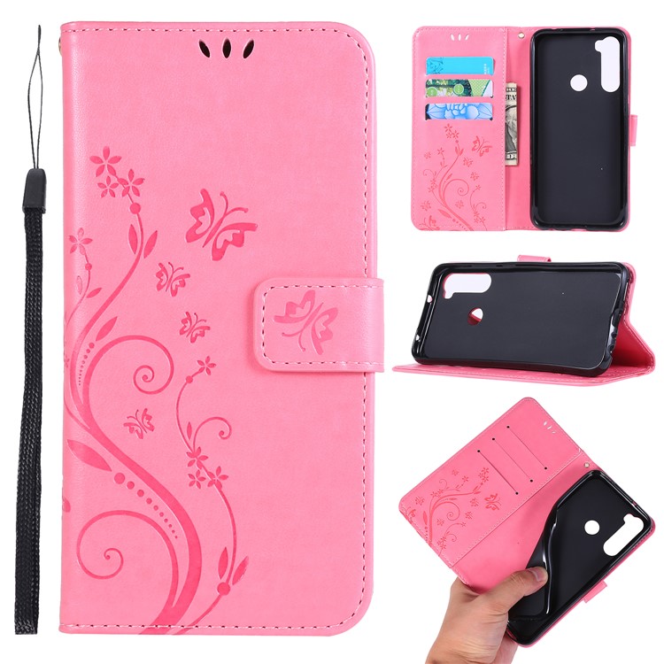 Imprint Butterfly Flower Wallet Leather Stand Case for Xiaomi Redmi Note 8 - Pink-1