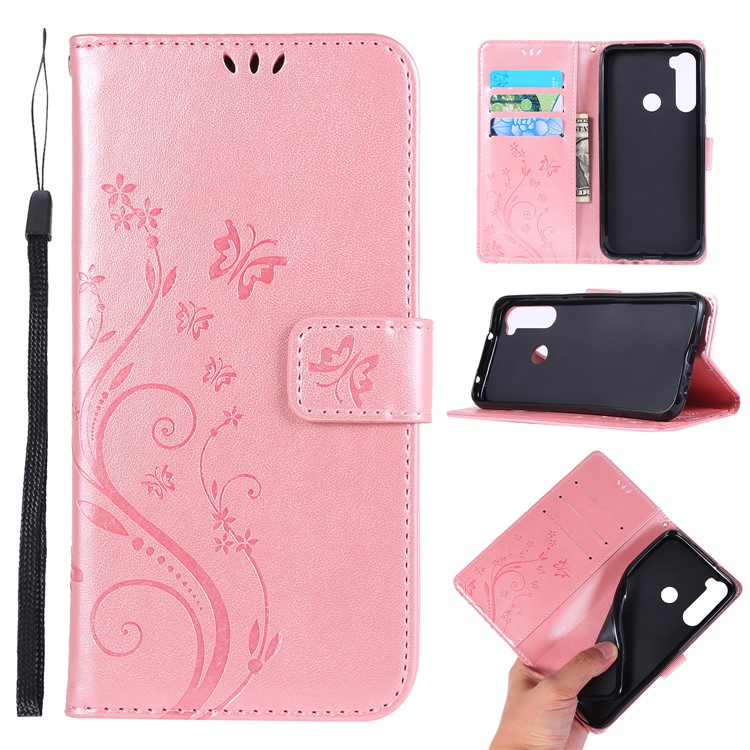 Imprint Butterfly Flower Wallet Leather Stand Case for Xiaomi Redmi Note 8 - Rose Gold-1