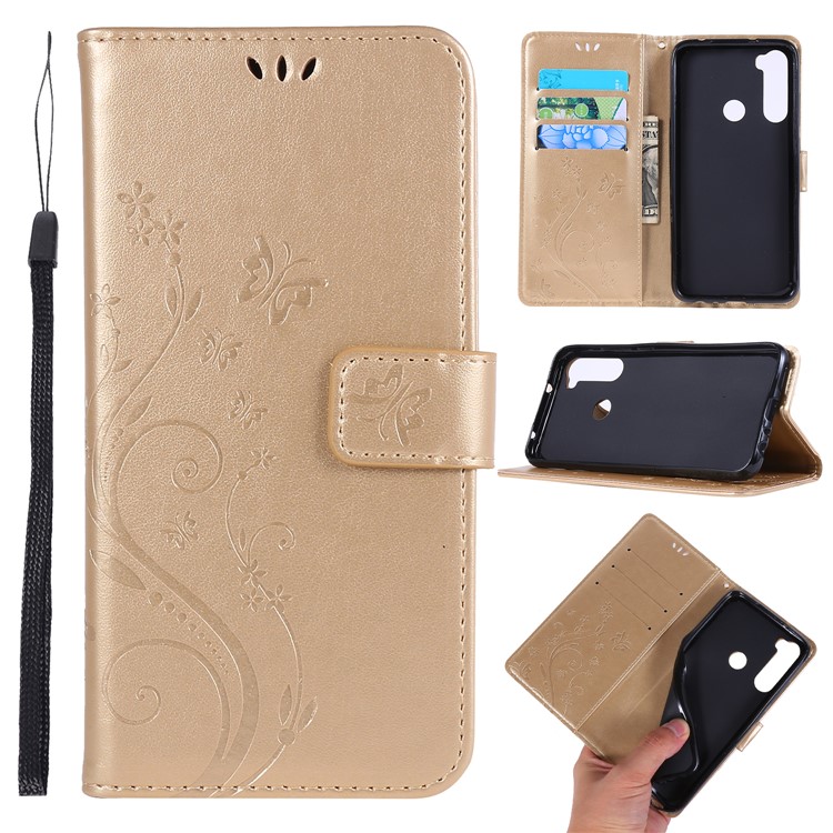 Imprint Butterfly Flower Wallet Leather Stand Case for Xiaomi Redmi Note 8 - Gold-1