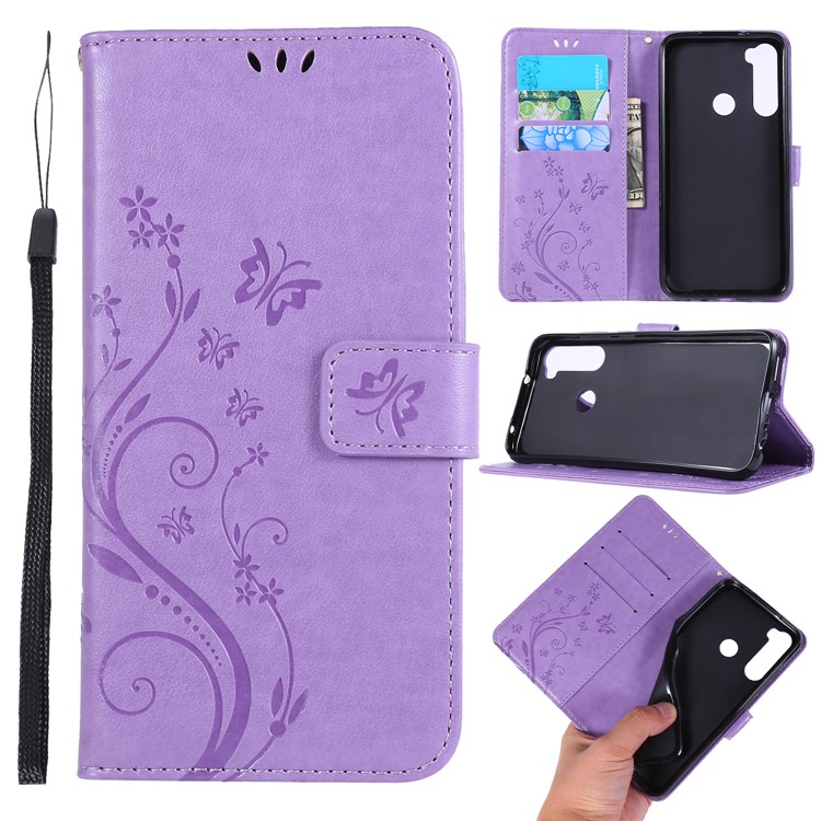 Imprint Butterfly Flower Wallet Leather Stand Case for Xiaomi Redmi Note 8 - Light Purple-1