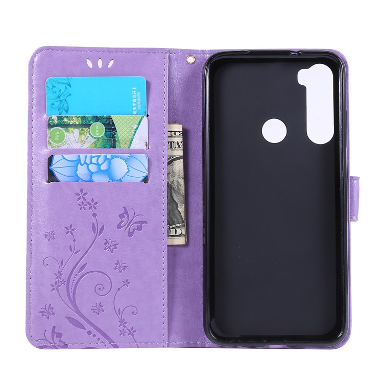 Imprint Butterfly Flower Wallet Leather Stand Case for Xiaomi Redmi Note 8 - Light Purple-5