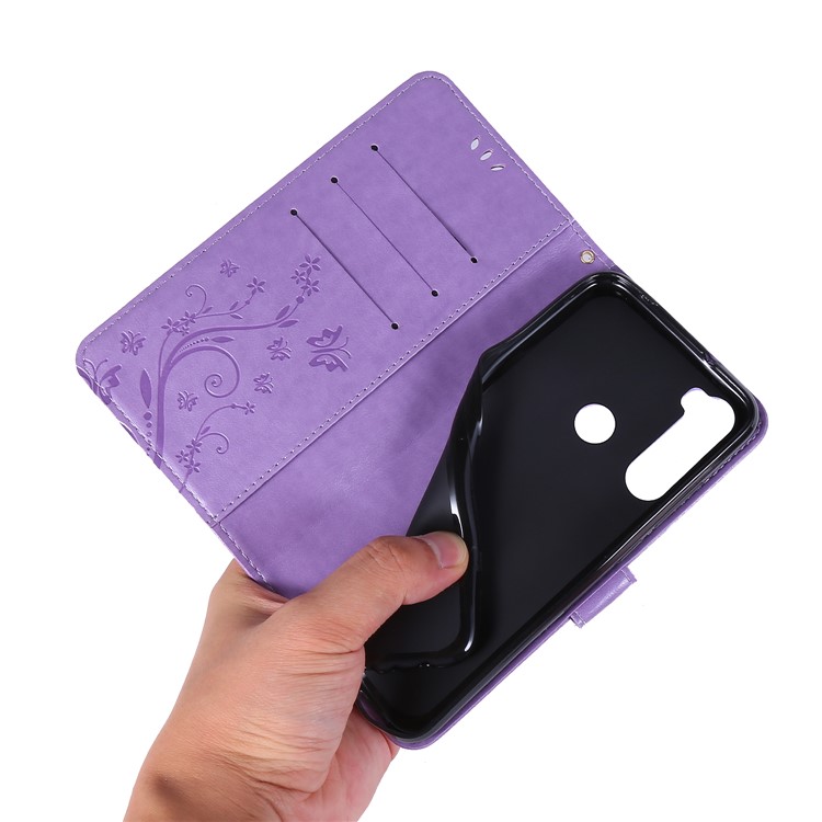 Imprint Butterfly Flower Wallet Leather Stand Case for Xiaomi Redmi Note 8 - Light Purple-6