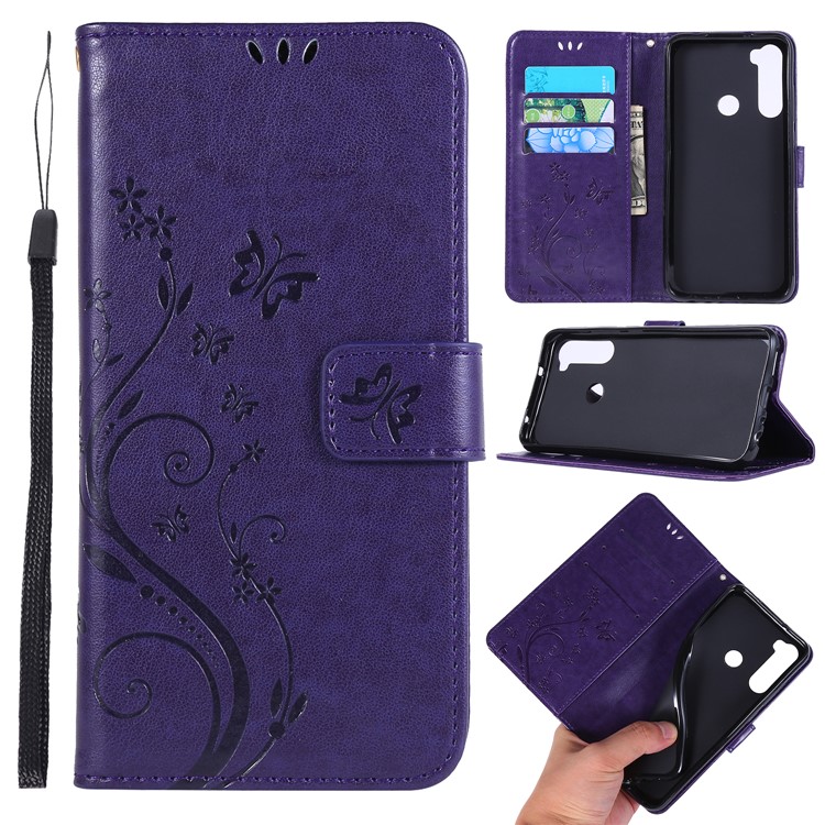 Imprint Butterfly Flower Wallet Leather Stand Case for Xiaomi Redmi Note 8 - Dark Purple-1