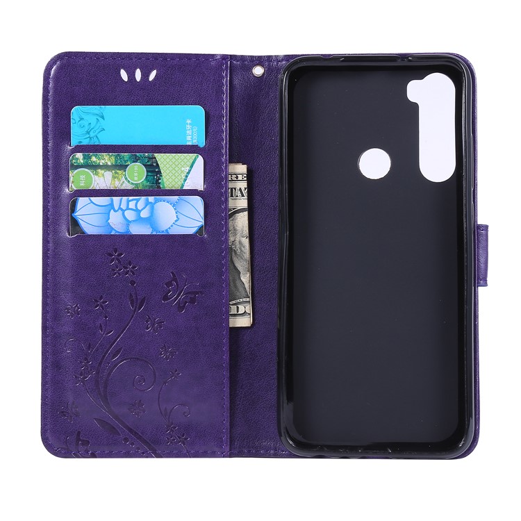 Imprint Butterfly Flower Wallet Leather Stand Case for Xiaomi Redmi Note 8 - Dark Purple-5
