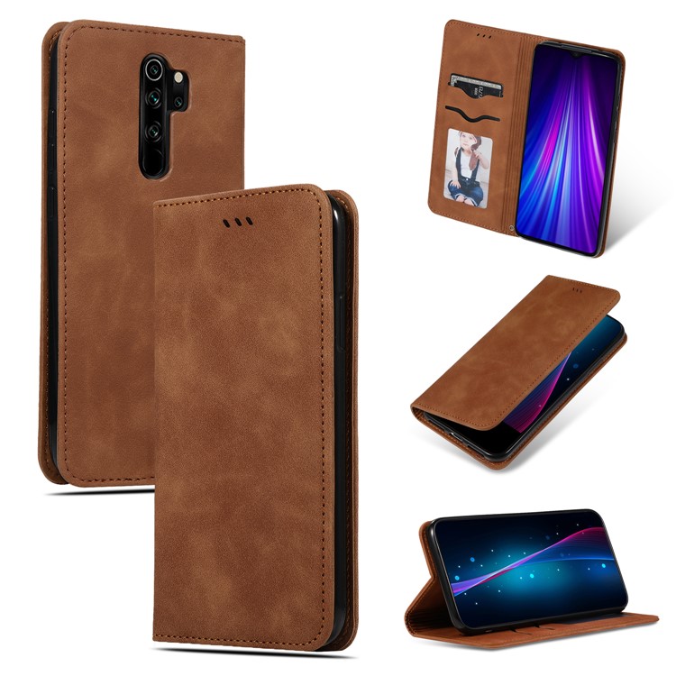 Business Style PU Leather Stand Phone Case for Xiaomi Redmi Note 8 Pro - Brown-1