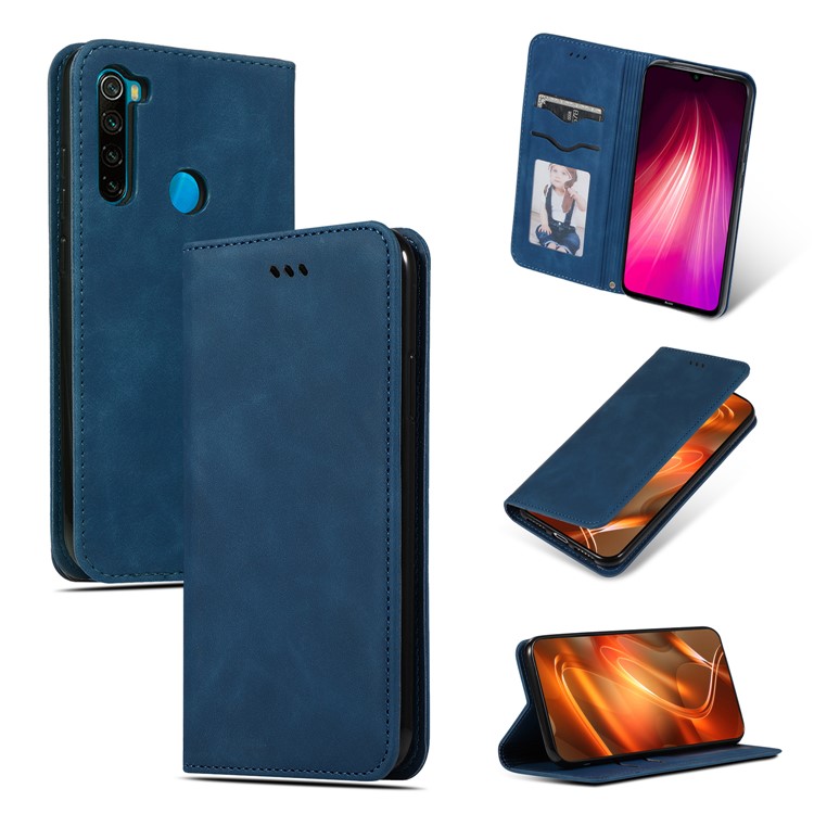Business Style PU Leather Stand Phone Case with Card Slots Covering for Xiaomi Redmi Note 8 - Blue-1